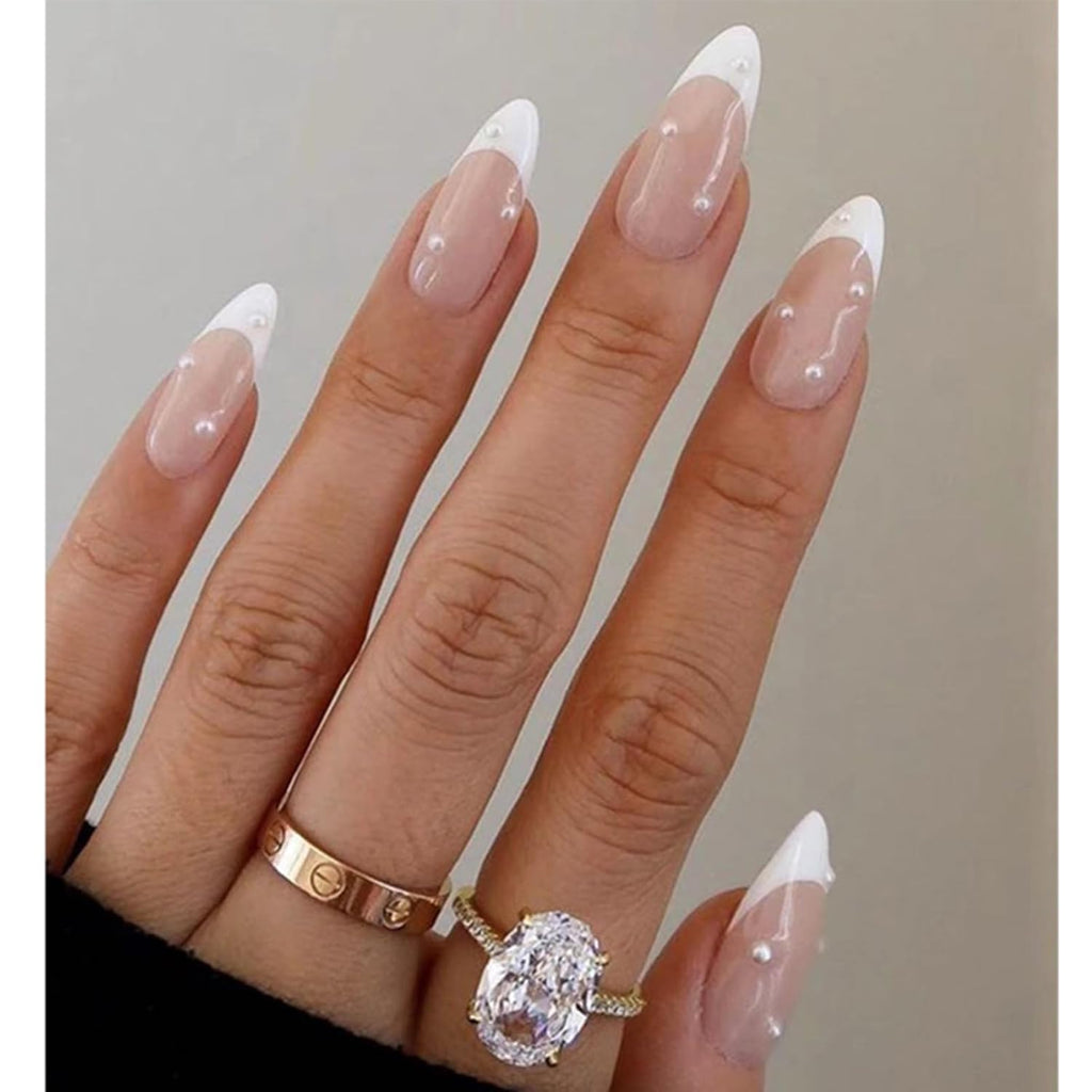 Almond Press on Nails,White French Tip Almond Nails Medium Fake/False Nail with Pearl Nail Press Ons Designs Acrylic Artificial Stick on Nail for Women 24Pcs