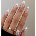 Almond Press on Nails,White French Tip Almond Nails Medium Fake/False Nail with Pearl Nail Press Ons Designs Acrylic Artificial Stick on Nail for Women 24Pcs
