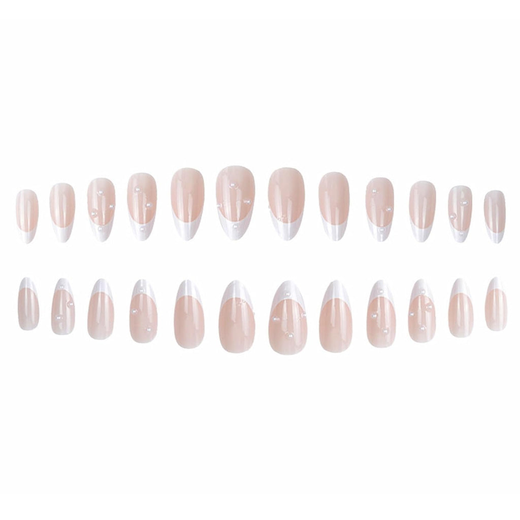 Almond Press on Nails,White French Tip Almond Nails Medium Fake/False Nail with Pearl Nail Press Ons Designs Acrylic Artificial Stick on Nail for Women 24Pcs